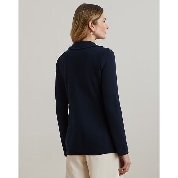 LAUREN RALPH LAUREN Navy Sweater-Knit Cotton-Blend Blazer Petite Small - Picture 2 of 12